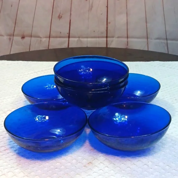 Vintage French Glass Cobalt Blue Dessert /Salad Bowl Set 7 5,5 X 3 - Picture 7 of 9